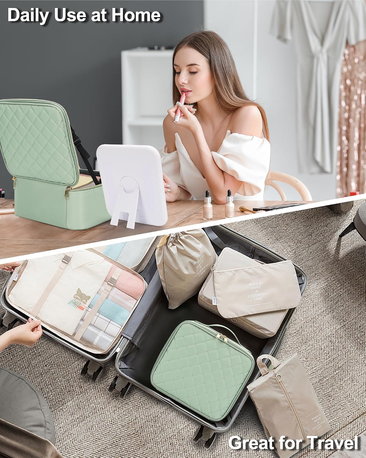 Travel Makeup Bag With LED Mirror, Cosmetic Train Case with Light up Mirror, Portable Makeup Artist Organizer Bag with Adjustable Dividers, Makeup Brush Holder Storage, Black