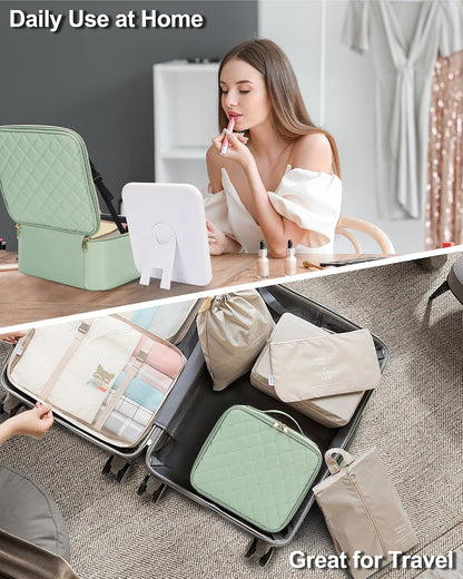 Travel Makeup Bag With LED Mirror, Cosmetic Train Case with Light up Mirror, Portable Makeup Artist Organizer Bag with Adjustable Dividers, Makeup Brush Holder Storage, Black
