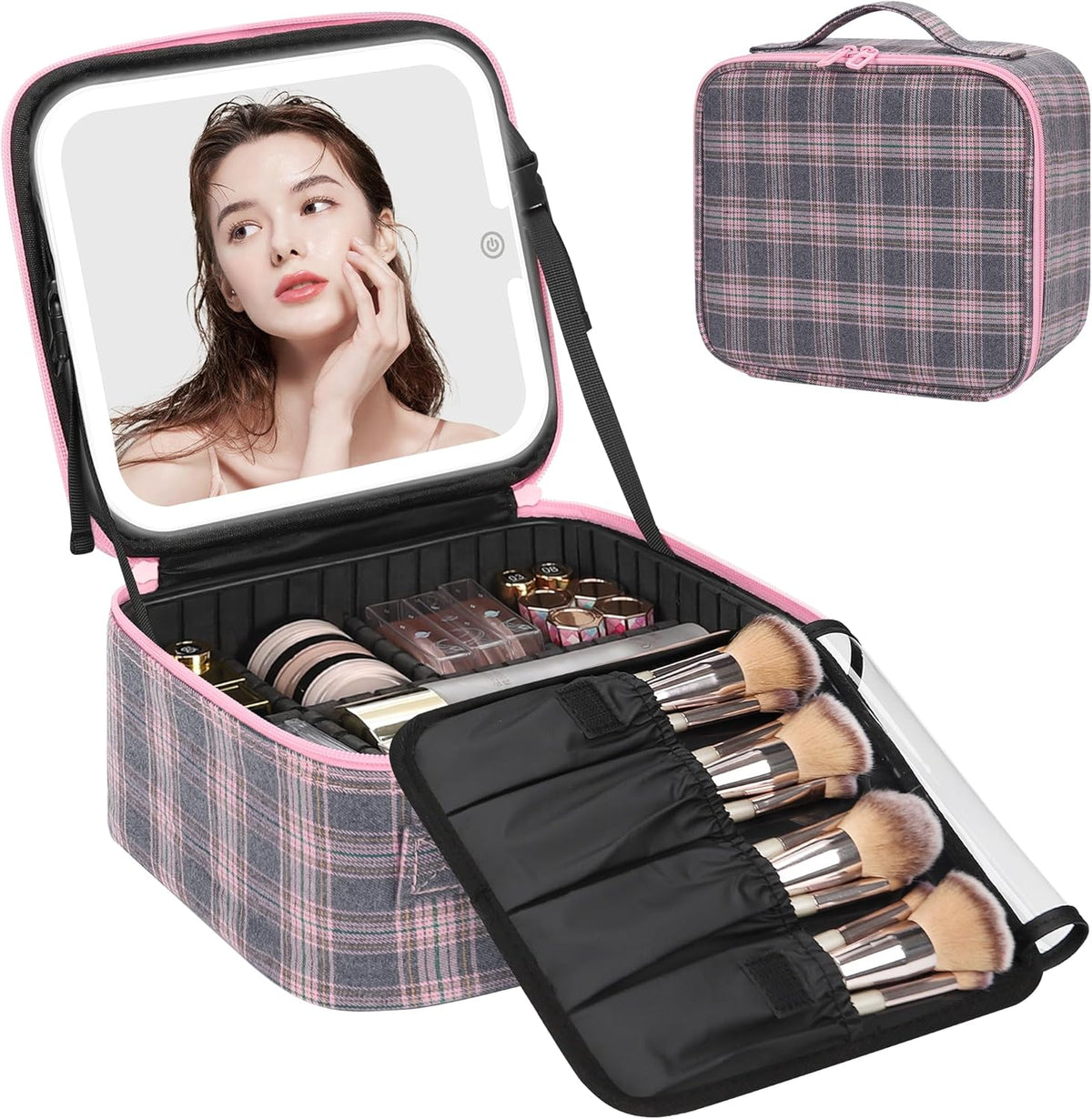 Travel Makeup Bag With LED Mirror, Cosmetic Train Case with Light up Mirror, Portable Makeup Artist Organizer Bag with Adjustable Dividers, Makeup Brush Holder Storage, Black