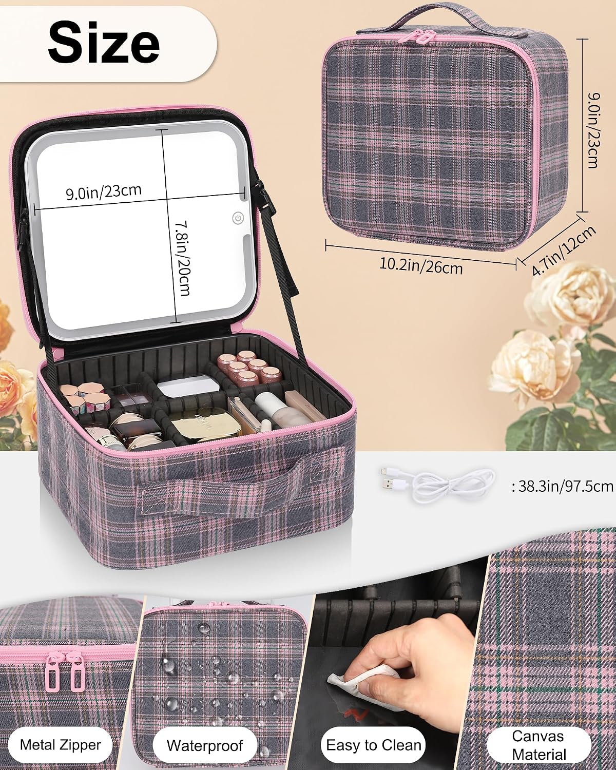 Travel Makeup Bag With LED Mirror, Cosmetic Train Case with Light up Mirror, Portable Makeup Artist Organizer Bag with Adjustable Dividers, Makeup Brush Holder Storage, Black