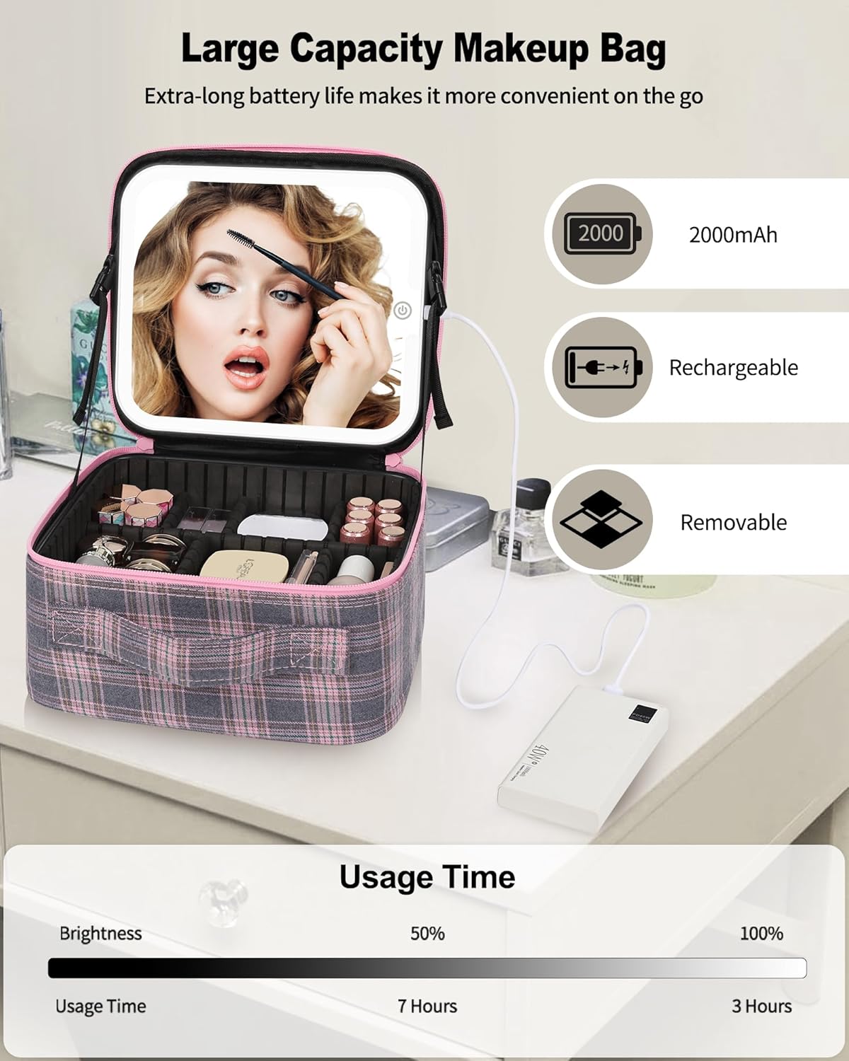 Travel Makeup Bag With LED Mirror, Cosmetic Train Case with Light up Mirror, Portable Makeup Artist Organizer Bag with Adjustable Dividers, Makeup Brush Holder Storage, Black