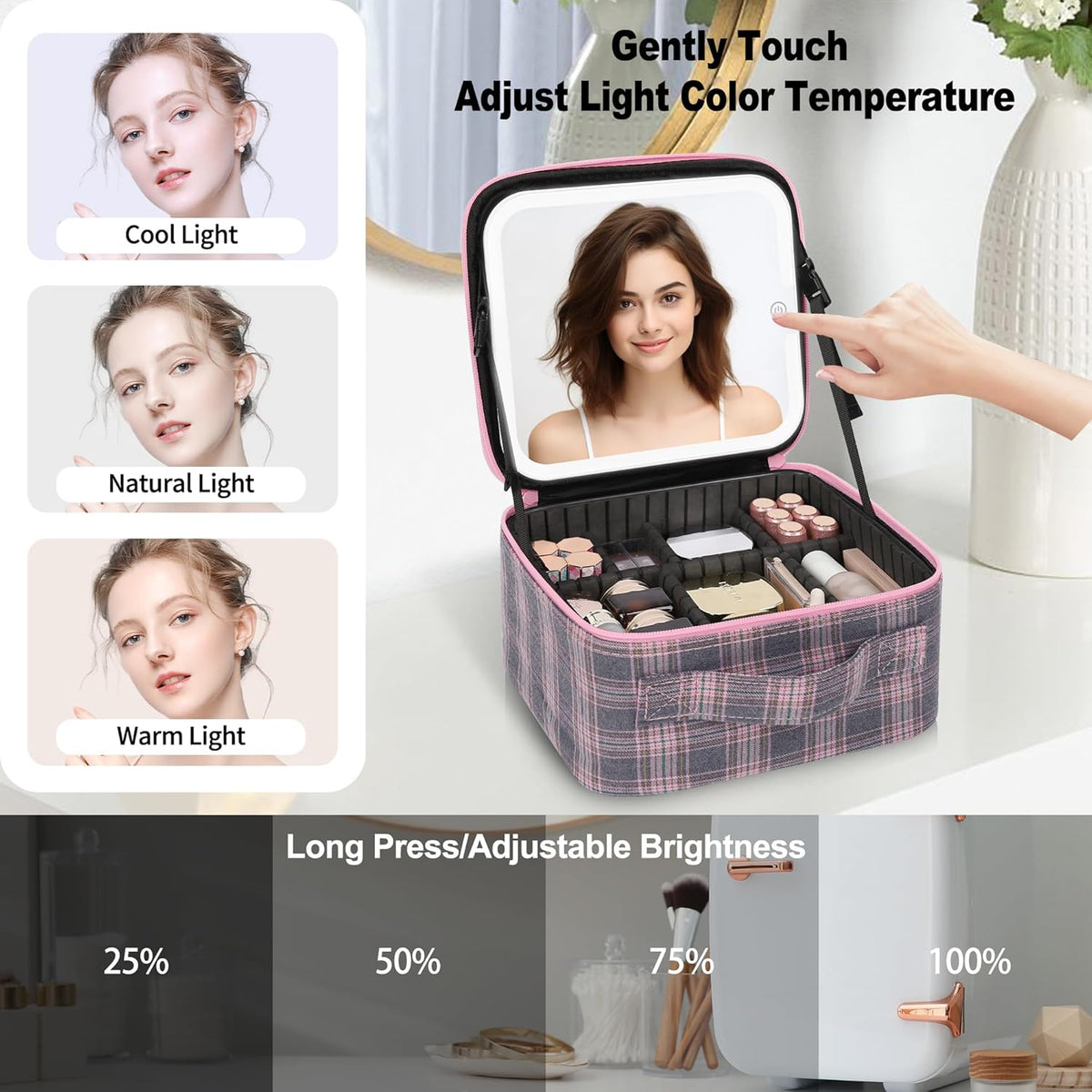 Travel Makeup Bag With LED Mirror, Cosmetic Train Case with Light up Mirror, Portable Makeup Artist Organizer Bag with Adjustable Dividers, Makeup Brush Holder Storage, Black