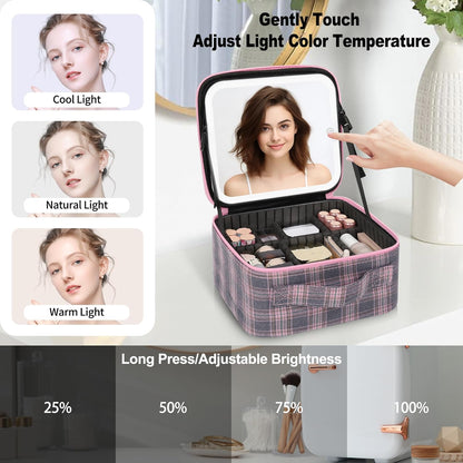 Travel Makeup Bag With LED Mirror, Cosmetic Train Case with Light up Mirror, Portable Makeup Artist Organizer Bag with Adjustable Dividers, Makeup Brush Holder Storage, Black