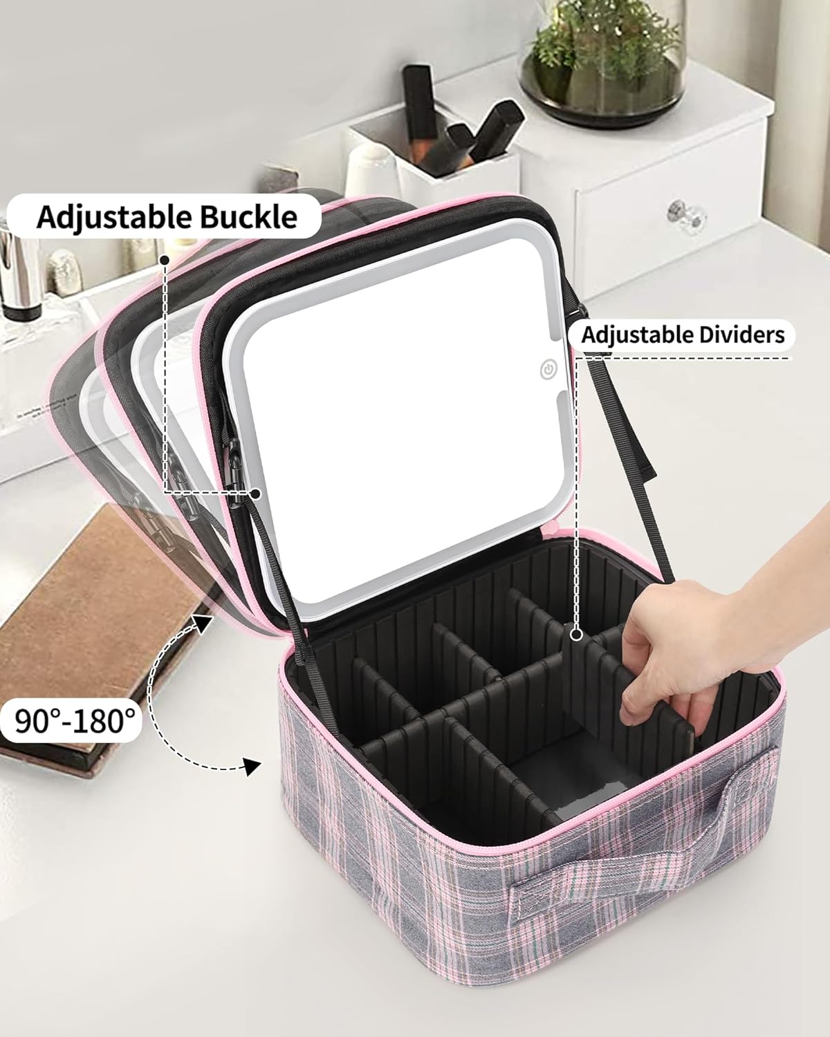 Travel Makeup Bag With LED Mirror, Cosmetic Train Case with Light up Mirror, Portable Makeup Artist Organizer Bag with Adjustable Dividers, Makeup Brush Holder Storage, Black