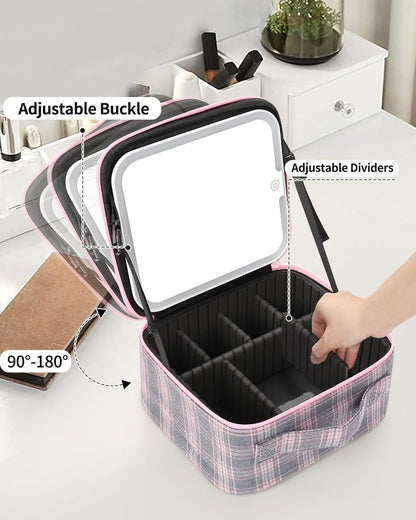 Travel Makeup Bag With LED Mirror, Cosmetic Train Case with Light up Mirror, Portable Makeup Artist Organizer Bag with Adjustable Dividers, Makeup Brush Holder Storage, Black