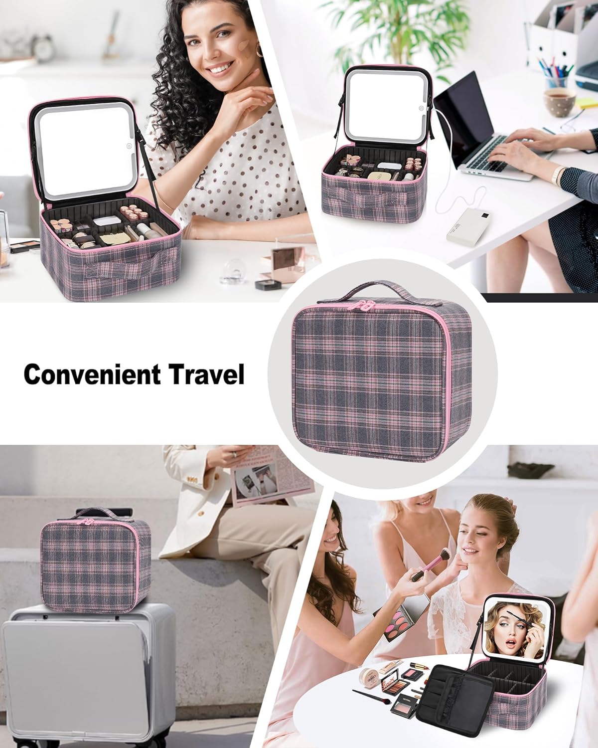 Travel Makeup Bag With LED Mirror, Cosmetic Train Case with Light up Mirror, Portable Makeup Artist Organizer Bag with Adjustable Dividers, Makeup Brush Holder Storage, Black