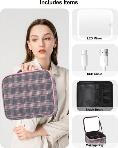 Travel Makeup Bag With LED Mirror, Cosmetic Train Case with Light up Mirror, Portable Makeup Artist Organizer Bag with Adjustable Dividers, Makeup Brush Holder Storage, Black
