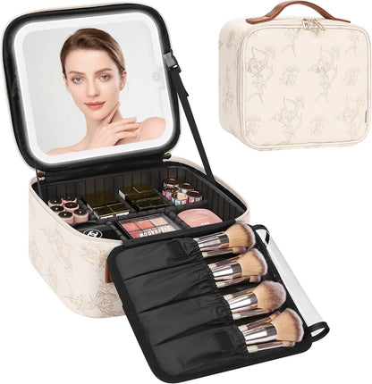 Travel Makeup Bag With LED Mirror, Cosmetic Train Case with Light up Mirror, Portable Makeup Artist Organizer Bag with Adjustable Dividers, Makeup Brush Holder Storage, Black