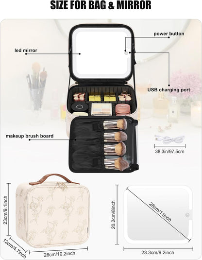 Travel Makeup Bag With LED Mirror, Cosmetic Train Case with Light up Mirror, Portable Makeup Artist Organizer Bag with Adjustable Dividers, Makeup Brush Holder Storage, Black