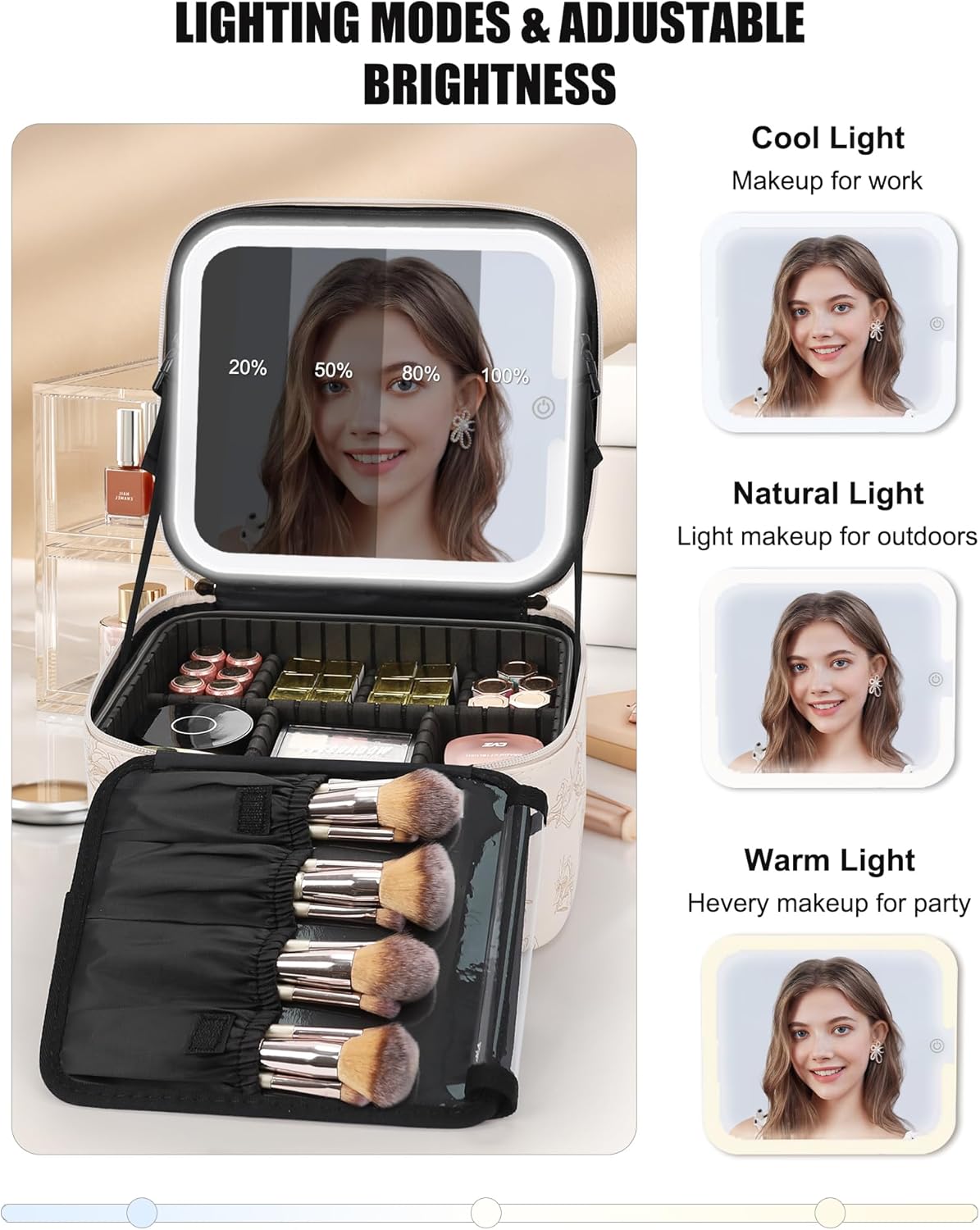 Travel Makeup Bag With LED Mirror, Cosmetic Train Case with Light up Mirror, Portable Makeup Artist Organizer Bag with Adjustable Dividers, Makeup Brush Holder Storage, Black