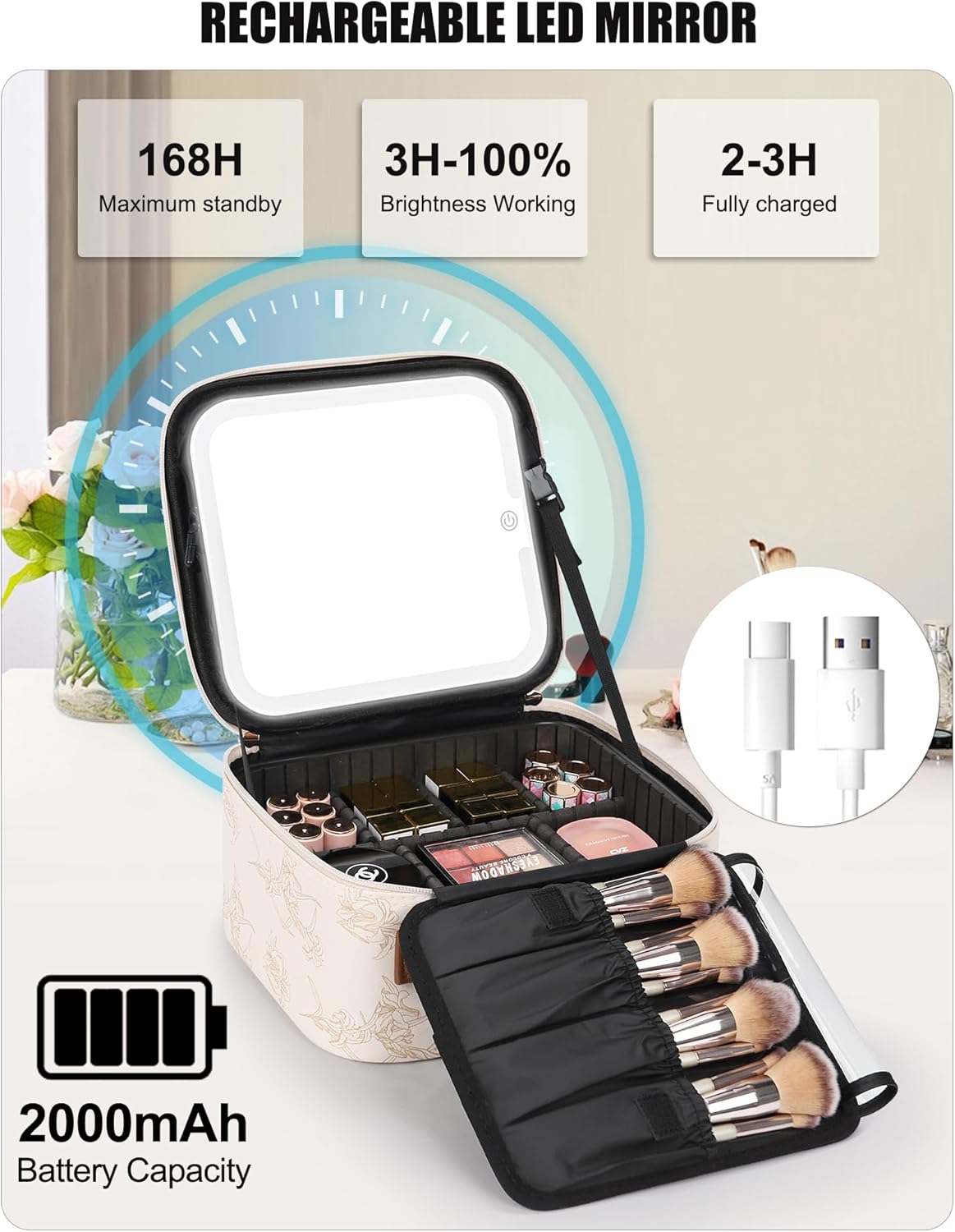 Travel Makeup Bag With LED Mirror, Cosmetic Train Case with Light up Mirror, Portable Makeup Artist Organizer Bag with Adjustable Dividers, Makeup Brush Holder Storage, Black