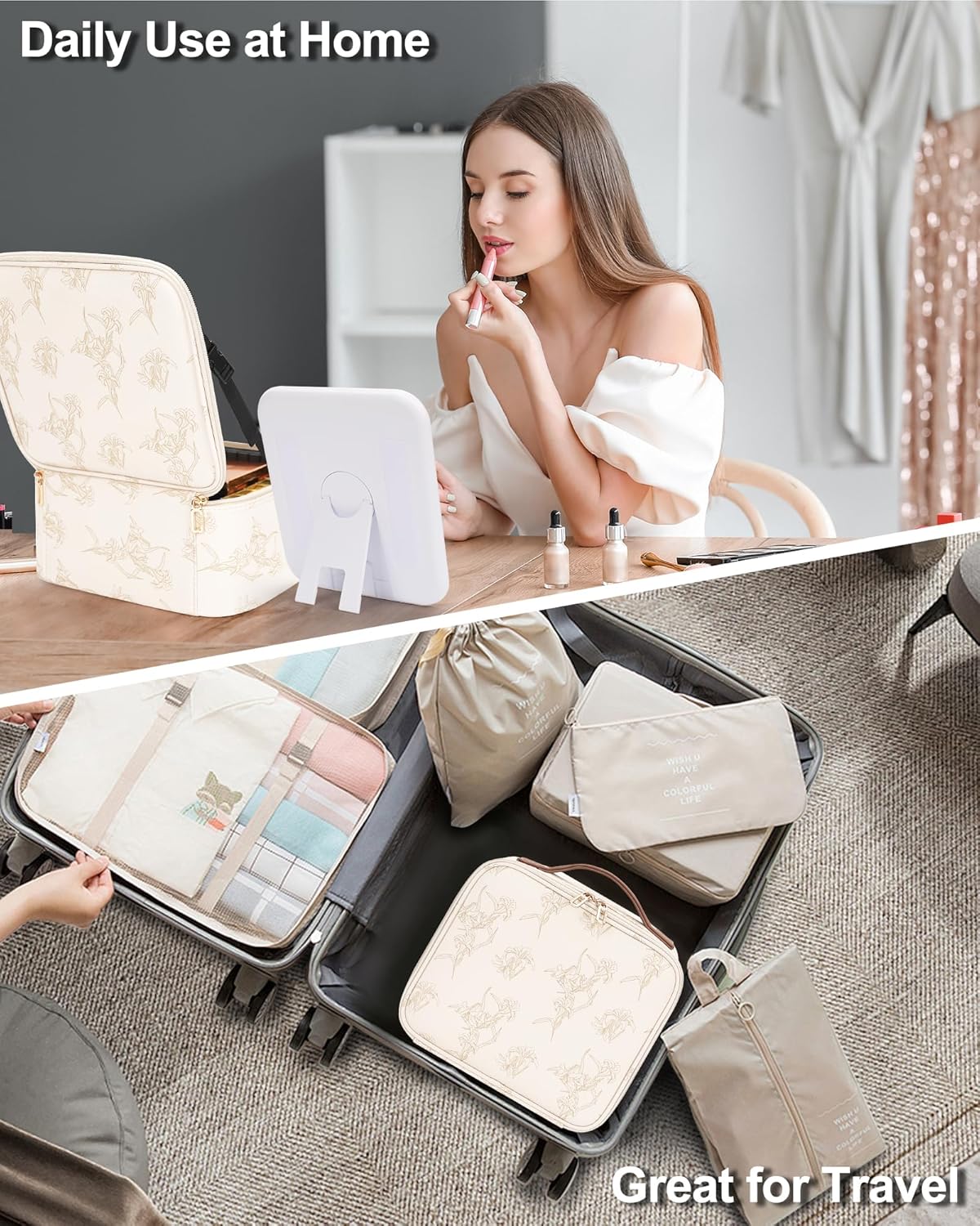 Travel Makeup Bag With LED Mirror, Cosmetic Train Case with Light up Mirror, Portable Makeup Artist Organizer Bag with Adjustable Dividers, Makeup Brush Holder Storage, Black