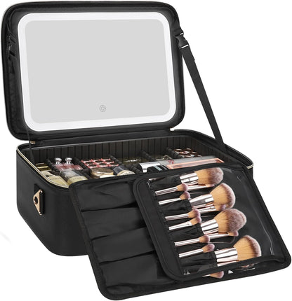 Travel Makeup Bag With LED Mirror, Cosmetic Train Case with Light up Mirror, Portable Makeup Artist Organizer Bag with Adjustable Dividers, Makeup Brush Holder Storage, Black