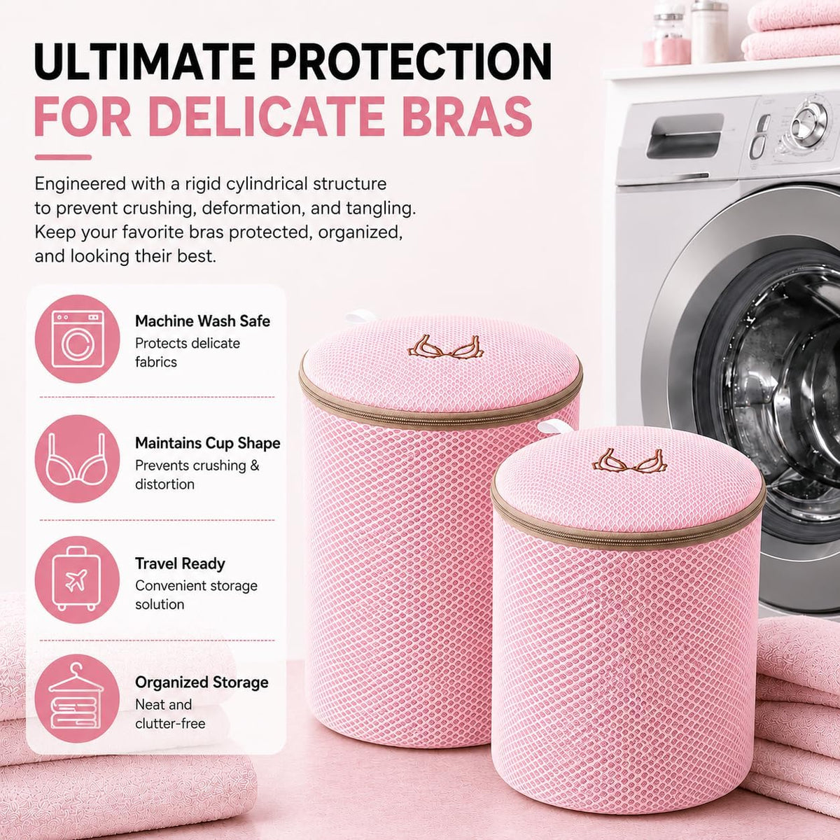 (2Pcs) high-end zipper mesh laundry bag, travel storage and finishing bag, to protect your exquisite clothes, suitable for jackets, underwear, tights, etc. (Pink, Shell bra)