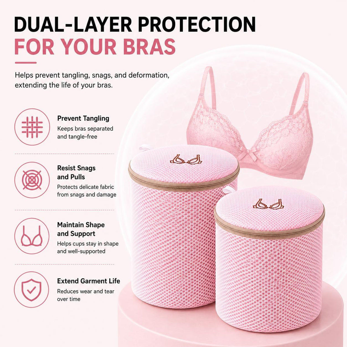 (2Pcs) high-end zipper mesh laundry bag, travel storage and finishing bag, to protect your exquisite clothes, suitable for jackets, underwear, tights, etc. (Pink, Shell bra)