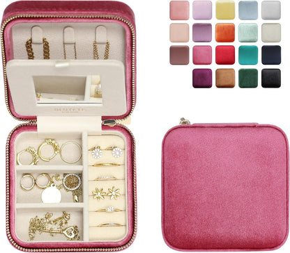 Travel Jewelry Box Organizer Velvet Travel Case With Mirror Rings Earrings Necklaces Storage Organizer Box (Red)