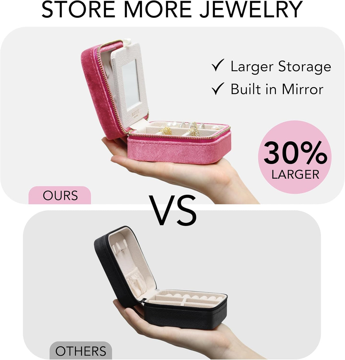Travel Jewelry Box Organizer Velvet Travel Case With Mirror Rings Earrings Necklaces Storage Organizer Box (Red)