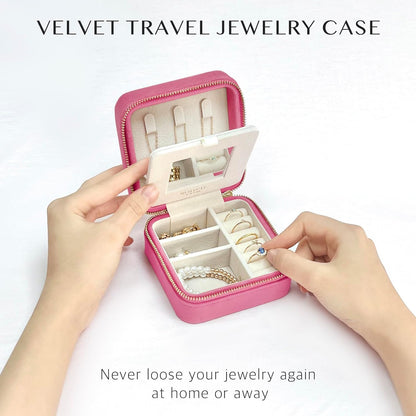 Travel Jewelry Box Organizer Velvet Travel Case With Mirror Rings Earrings Necklaces Storage Organizer Box (Red)