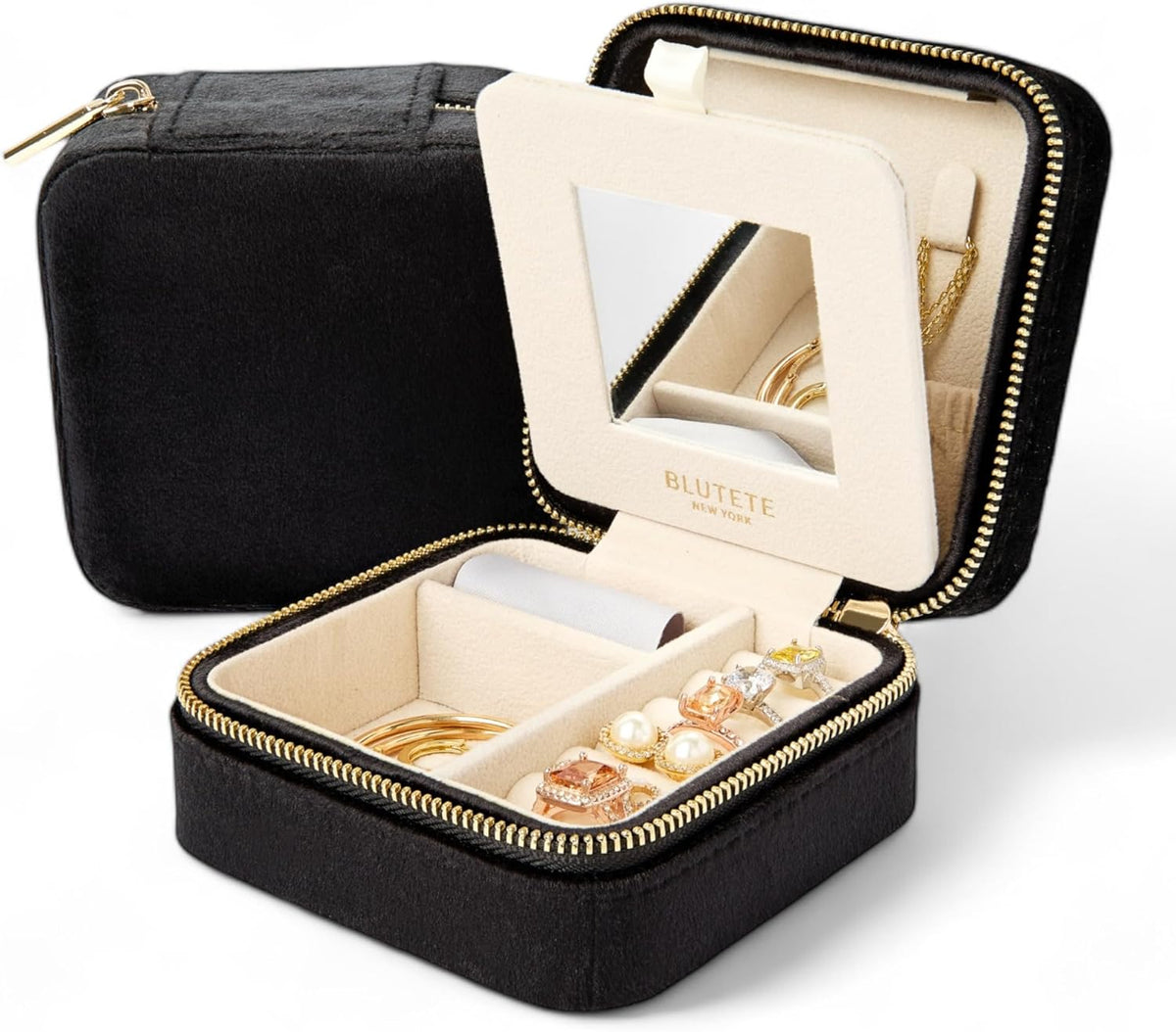 Travel Jewelry Box Organizer Velvet Travel Case With Mirror Rings Earrings Necklaces Storage Organizer Box (Red)