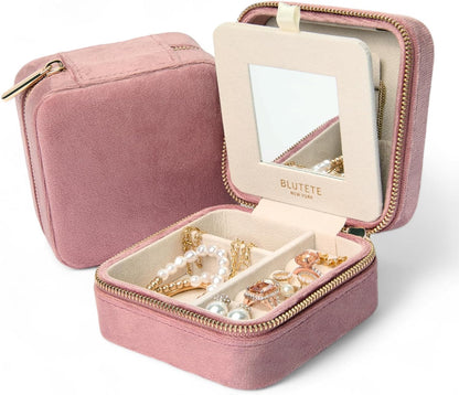Travel Jewelry Box Organizer Velvet Travel Case With Mirror Rings Earrings Necklaces Storage Organizer Box (Red)