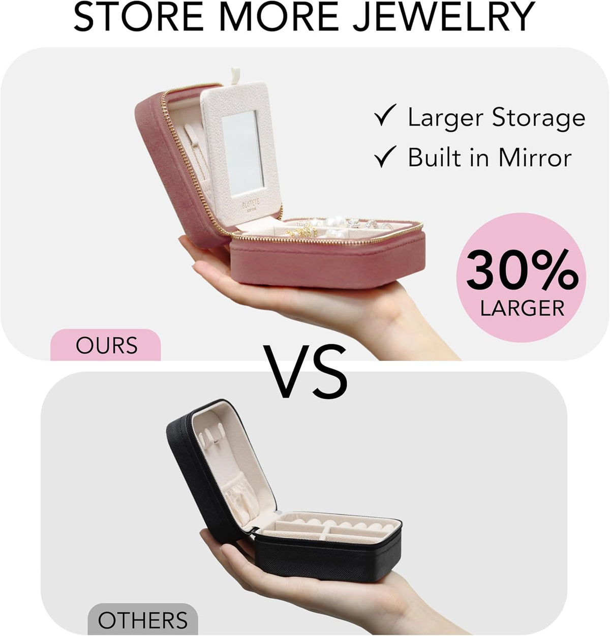 Travel Jewelry Box Organizer Velvet Travel Case With Mirror Rings Earrings Necklaces Storage Organizer Box (Red)