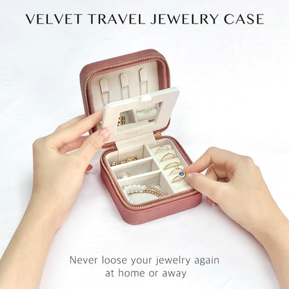 Travel Jewelry Box Organizer Velvet Travel Case With Mirror Rings Earrings Necklaces Storage Organizer Box (Red)