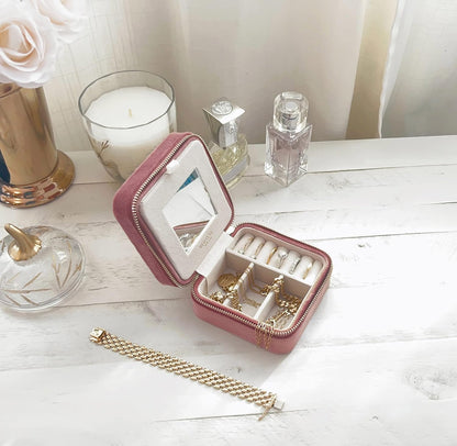 Travel Jewelry Box Organizer Velvet Travel Case With Mirror Rings Earrings Necklaces Storage Organizer Box (Red)