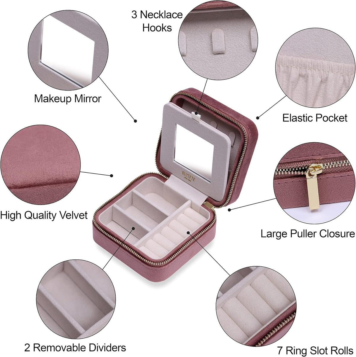 Travel Jewelry Box Organizer Velvet Travel Case With Mirror Rings Earrings Necklaces Storage Organizer Box (Red)
