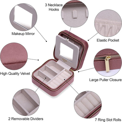 Travel Jewelry Box Organizer Velvet Travel Case With Mirror Rings Earrings Necklaces Storage Organizer Box (Red)