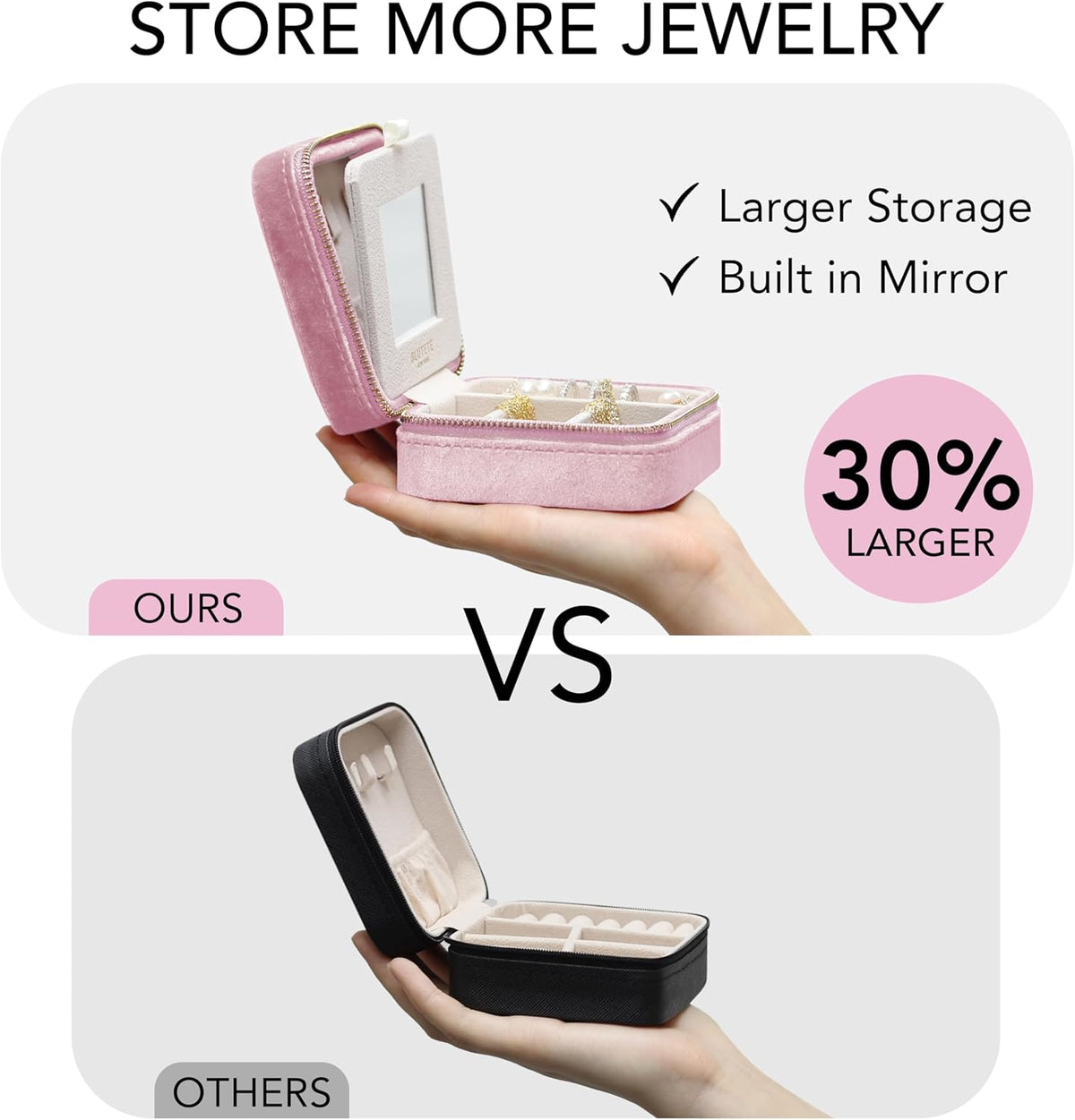 Travel Jewelry Box Organizer Velvet Travel Case With Mirror Rings Earrings Necklaces Storage Organizer Box (Red)