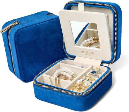 Travel Jewelry Box Organizer Velvet Travel Case With Mirror Rings Earrings Necklaces Storage Organizer Box (Red)