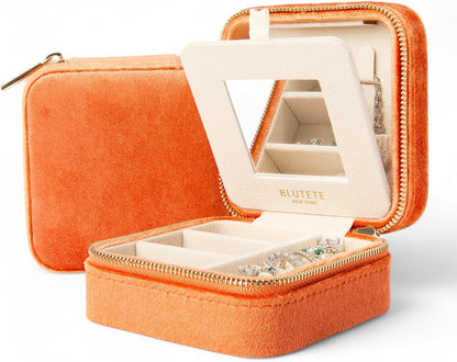 Travel Jewelry Box Organizer Velvet Travel Case With Mirror Rings Earrings Necklaces Storage Organizer Box (Red)