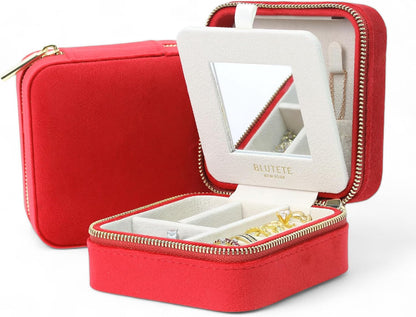 Travel Jewelry Box Organizer Velvet Travel Case With Mirror Rings Earrings Necklaces Storage Organizer Box (Red)