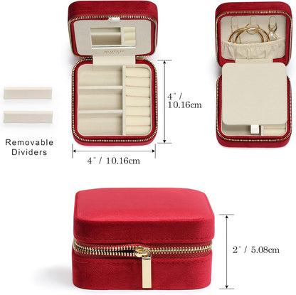 Travel Jewelry Box Organizer Velvet Travel Case With Mirror Rings Earrings Necklaces Storage Organizer Box (Red)