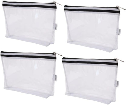 Multi-purpose Waterproof Clear Vinyl Zippered Toiletry Cosmetics Makeup Pouch With French Tape 4-pack