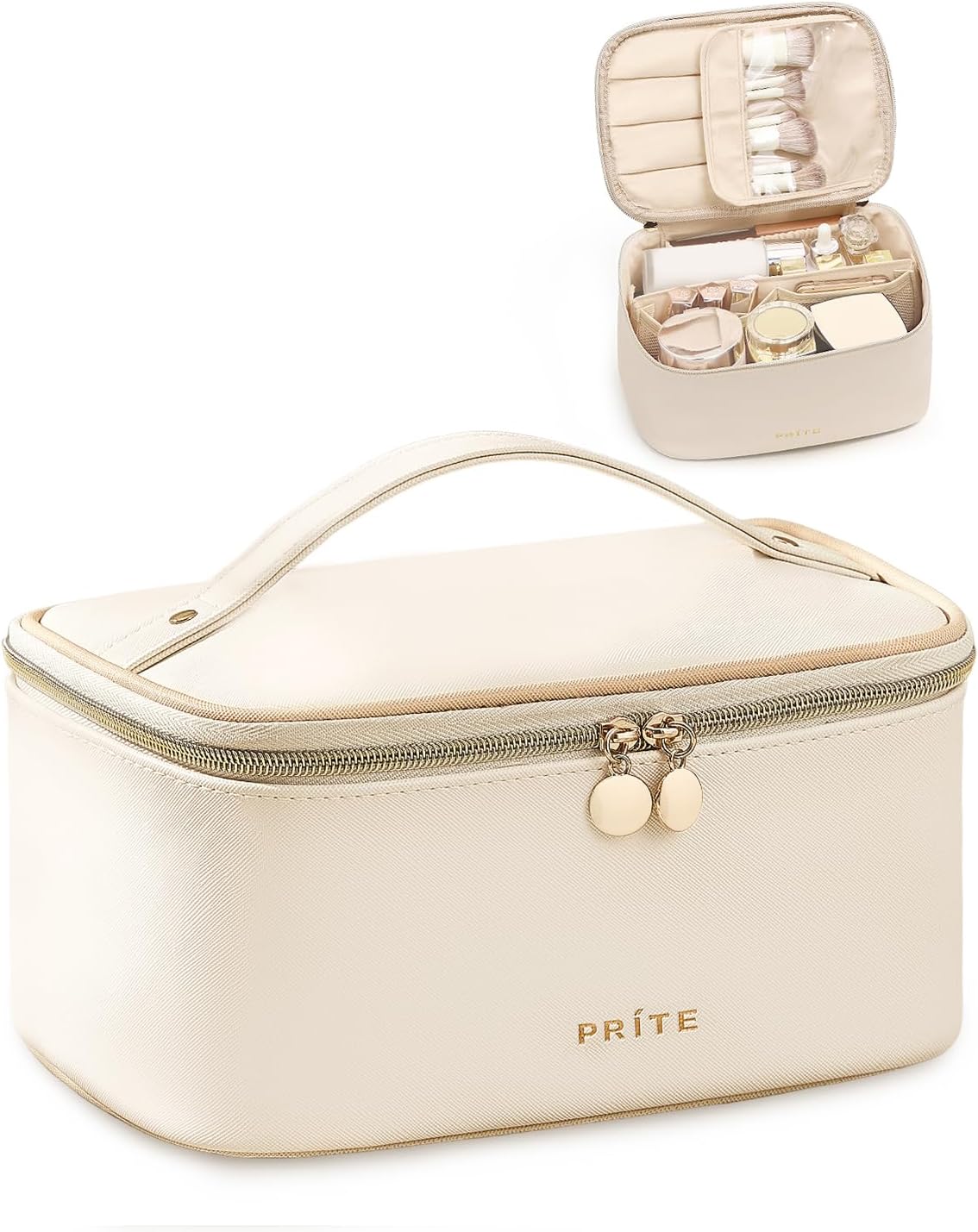 Makeup Bag, Large Capacity Cosmetic Bag for Women and Girls, Waterproof PU Leather Travel Makeup Case, Toiletry Organizer with Handle and Divider for Skincare and Brushes - Beige