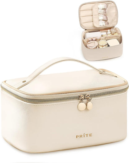 Makeup Bag, Large Capacity Cosmetic Bag for Women and Girls, Waterproof PU Leather Travel Makeup Case, Toiletry Organizer with Handle and Divider for Skincare and Brushes - Beige