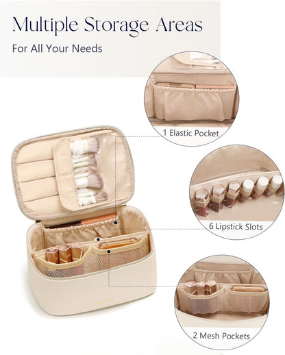 Makeup Bag, Large Capacity Cosmetic Bag for Women and Girls, Waterproof PU Leather Travel Makeup Case, Toiletry Organizer with Handle and Divider for Skincare and Brushes - Beige