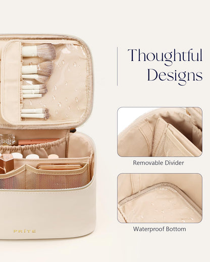 Makeup Bag, Large Capacity Cosmetic Bag for Women and Girls, Waterproof PU Leather Travel Makeup Case, Toiletry Organizer with Handle and Divider for Skincare and Brushes - Beige