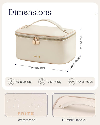Makeup Bag, Large Capacity Cosmetic Bag for Women and Girls, Waterproof PU Leather Travel Makeup Case, Toiletry Organizer with Handle and Divider for Skincare and Brushes - Beige