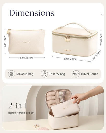 Makeup Bag, Large Capacity Cosmetic Bag for Women and Girls, Waterproof PU Leather Travel Makeup Case, Toiletry Organizer with Handle and Divider for Skincare and Brushes - Beige
