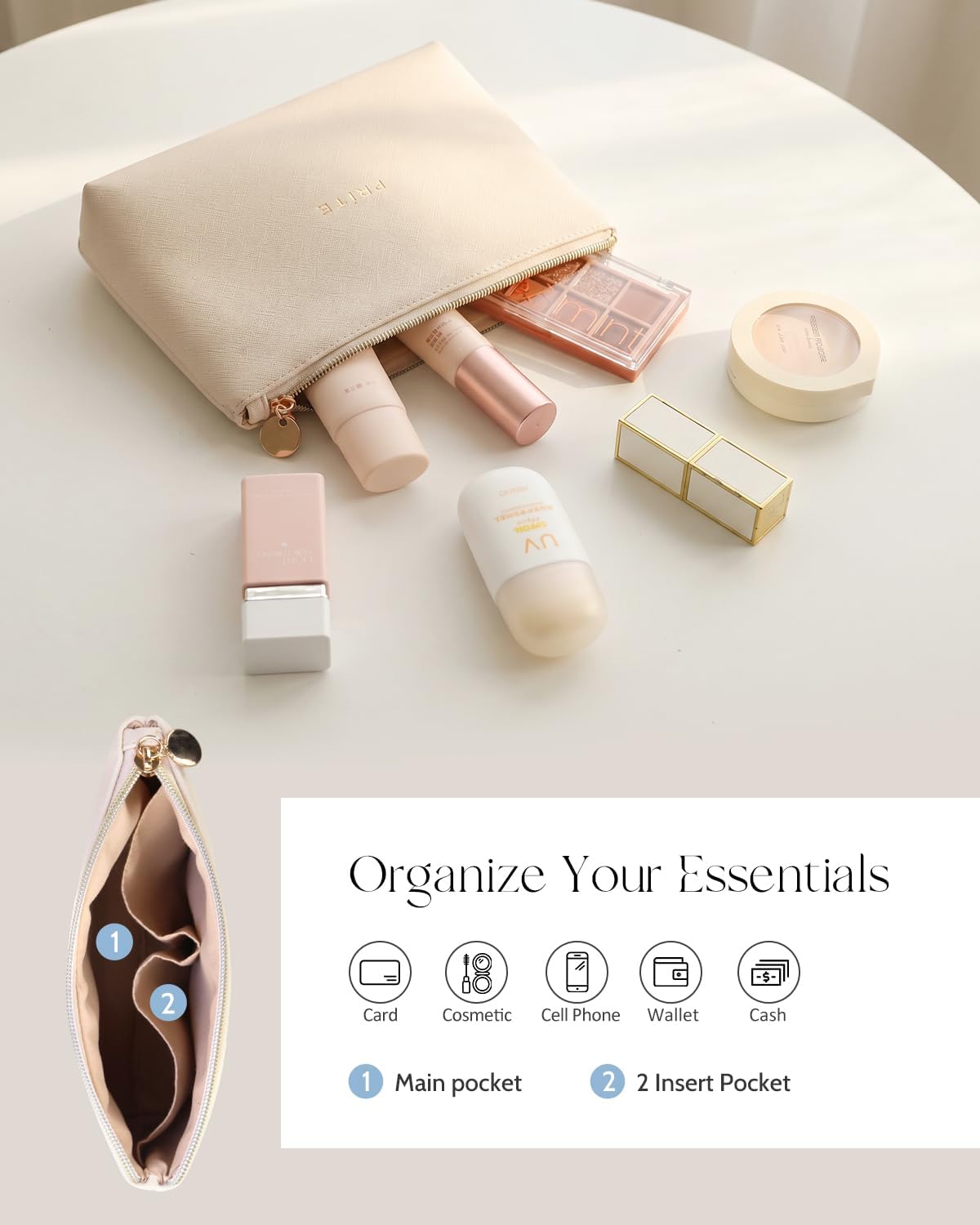 Makeup Bag, Large Capacity Cosmetic Bag for Women and Girls, Waterproof PU Leather Travel Makeup Case, Toiletry Organizer with Handle and Divider for Skincare and Brushes - Beige