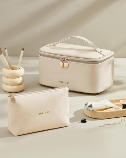 Makeup Bag, Large Capacity Cosmetic Bag for Women and Girls, Waterproof PU Leather Travel Makeup Case, Toiletry Organizer with Handle and Divider for Skincare and Brushes - Beige