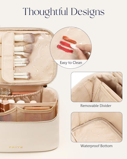 Makeup Bag, Large Capacity Cosmetic Bag for Women and Girls, Waterproof PU Leather Travel Makeup Case, Toiletry Organizer with Handle and Divider for Skincare and Brushes - Beige