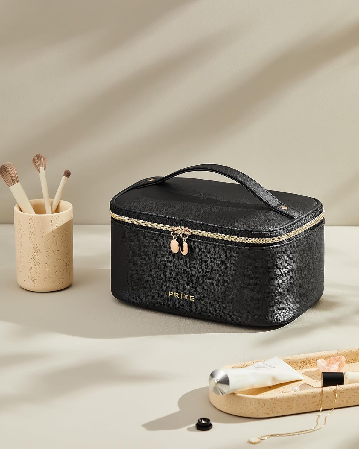 Makeup Bag, Large Capacity Cosmetic Bag for Women and Girls, Waterproof PU Leather Travel Makeup Case, Toiletry Organizer with Handle and Divider for Skincare and Brushes - Beige