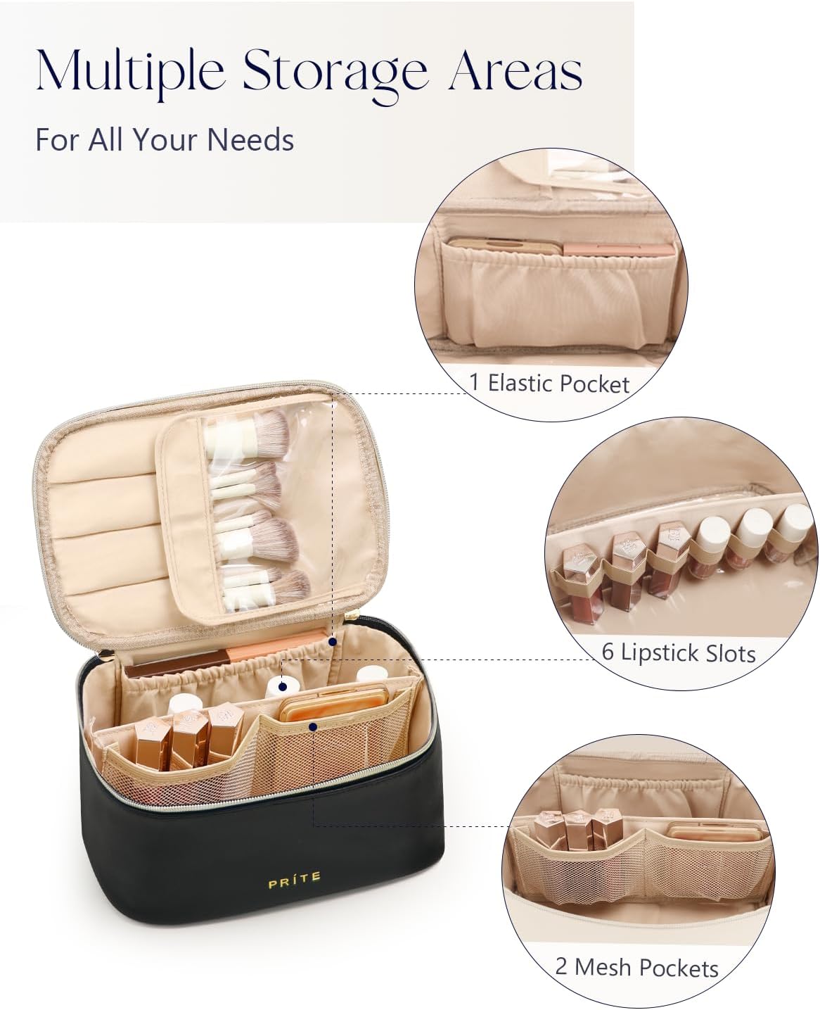 Makeup Bag, Large Capacity Cosmetic Bag for Women and Girls, Waterproof PU Leather Travel Makeup Case, Toiletry Organizer with Handle and Divider for Skincare and Brushes - Beige