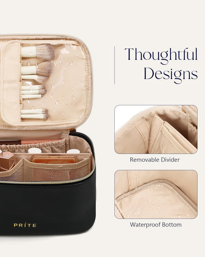 Makeup Bag, Large Capacity Cosmetic Bag for Women and Girls, Waterproof PU Leather Travel Makeup Case, Toiletry Organizer with Handle and Divider for Skincare and Brushes - Beige