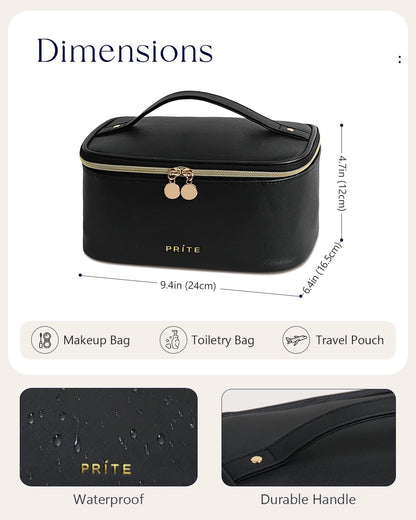 Makeup Bag, Large Capacity Cosmetic Bag for Women and Girls, Waterproof PU Leather Travel Makeup Case, Toiletry Organizer with Handle and Divider for Skincare and Brushes - Beige