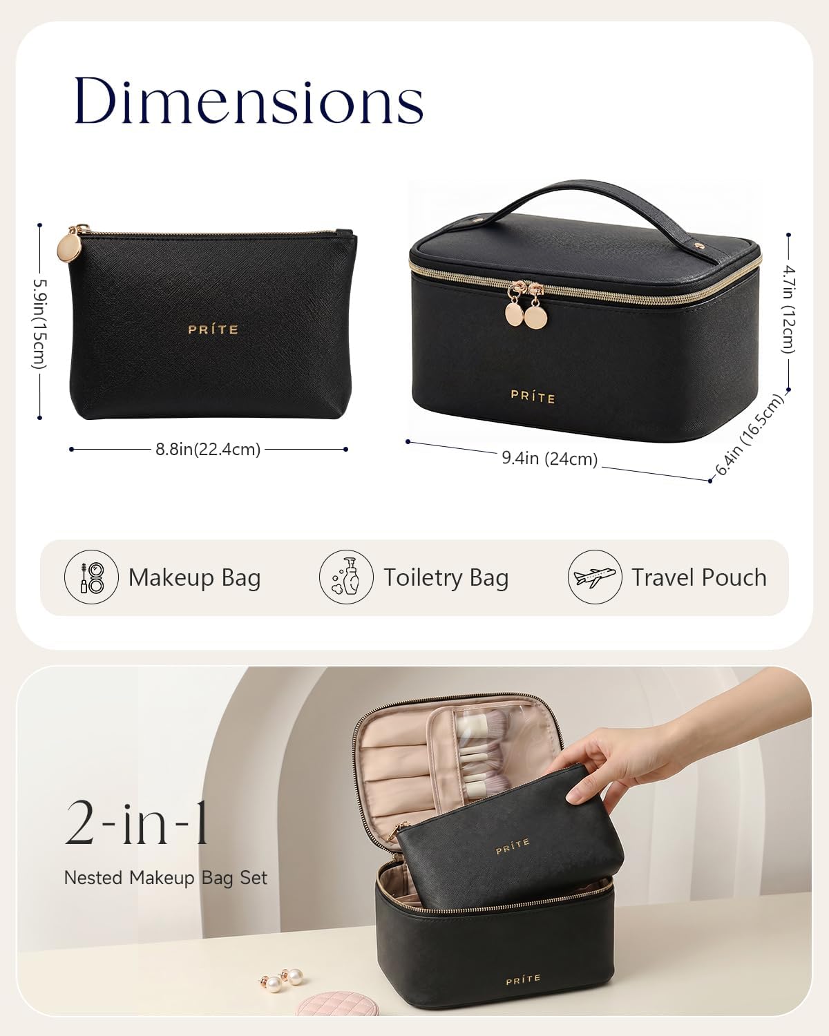 Makeup Bag, Large Capacity Cosmetic Bag for Women and Girls, Waterproof PU Leather Travel Makeup Case, Toiletry Organizer with Handle and Divider for Skincare and Brushes - Beige