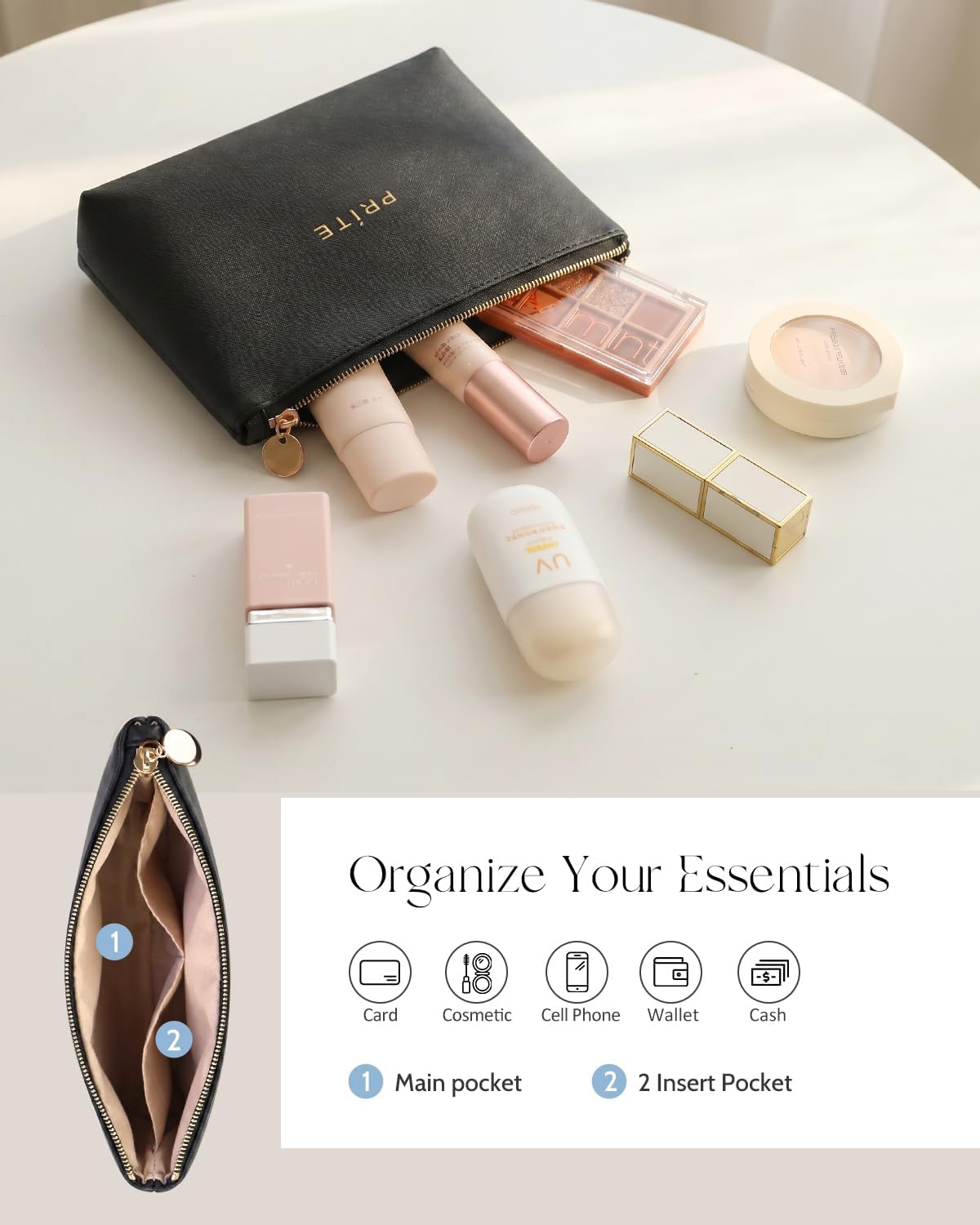 Makeup Bag, Large Capacity Cosmetic Bag for Women and Girls, Waterproof PU Leather Travel Makeup Case, Toiletry Organizer with Handle and Divider for Skincare and Brushes - Beige